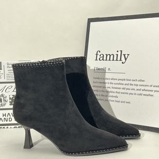 珠利莱2025秋冬新款尖头细跟侧拉链切尔西短靴女棕色瘦瘦靴时装靴