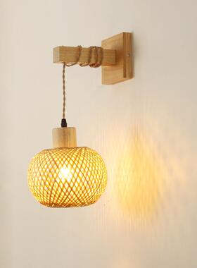 竹编田园风卧室床头过道背景墙灯新中式笼子壁灯绿色环保风灯具