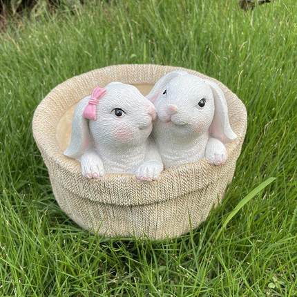 新款可爱兔子情侣雕塑布袋花盆树脂创意工艺品摆件玄关阳台收纳盆