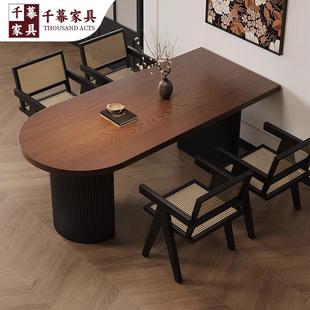 千慕中古实木餐桌小户型半椭圆饭桌法式 复古岛台桌靠墙餐桌椅组合
