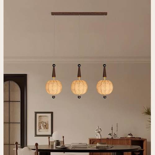 全光谱侘寂风新款实木餐厅吊灯禅意布艺兰花纹中古风吧台灯房间灯