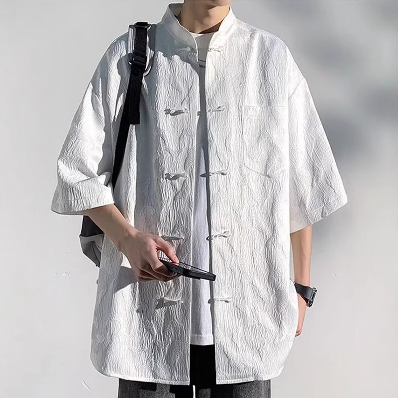 2024新中式男装国风盘扣衬衫男夏季薄款中山装唐装七八分袖外套感