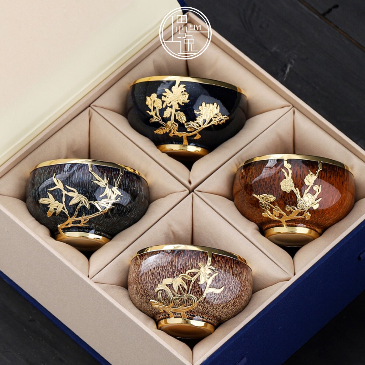 复古非遗金镶玉品茗杯陶瓷主人杯梅兰竹菊茶杯茶碗手工茶盏礼盒装