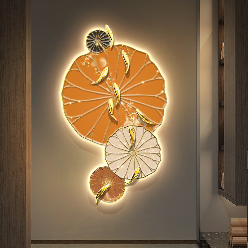 寓意好九鱼图荷花玄关装饰画带led氛围灯画走廊过道立体无框挂画