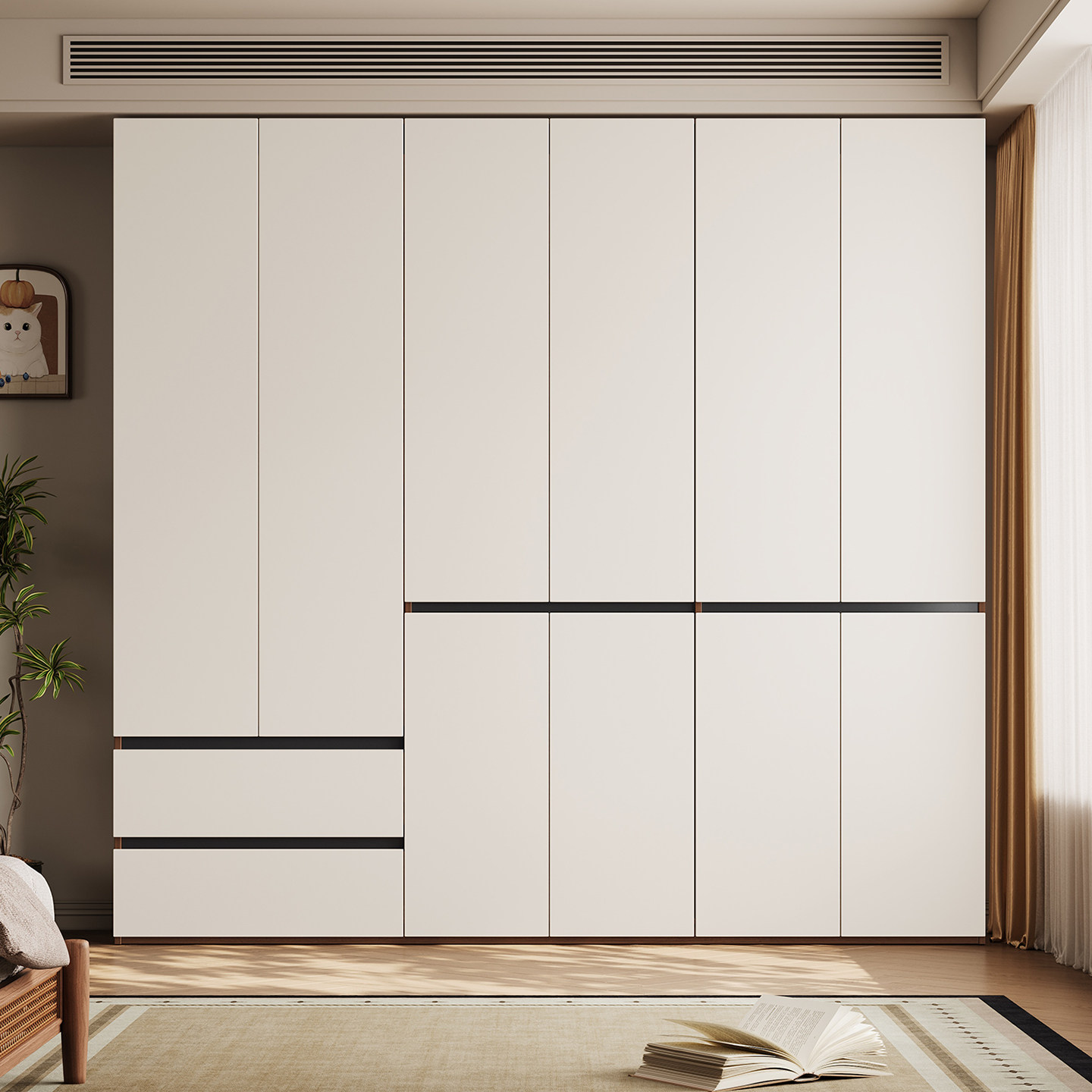 现货衣柜组合七八十九门奶油风环保储物柜分段式全橡木实木衣橱子