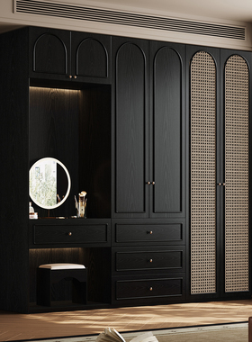 全实木橡木玻璃门法式复古储物柜卧室黑色衣橱家用落地收纳柜子