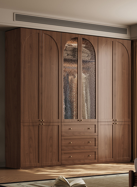 全实木橡木定制衣柜卧室家用现代简约复古衣橱储物柜组合收纳柜