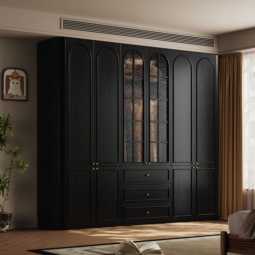 全实木橡木玻璃门法式复古储物柜卧室黑色衣橱家用落地收纳柜子