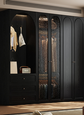全实木橡木玻璃门法式复古储物柜卧室黑色衣橱家用落地收纳柜子