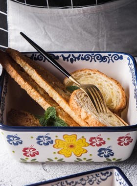 创意长方形陶瓷烤盘双耳芝士焗饭盘烘焙烤箱烤碗家用大号汤盘深盘