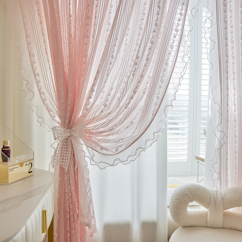 法式少女粉蕾丝窗纱双层纱帘透光不透人新款卧室半遮光公主风窗帘