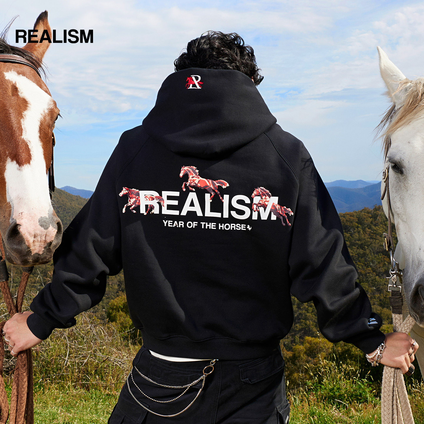 REALISM澳洲潮牌 马年限定印花重磅加绒短款连帽卫衣美式复古纯黑