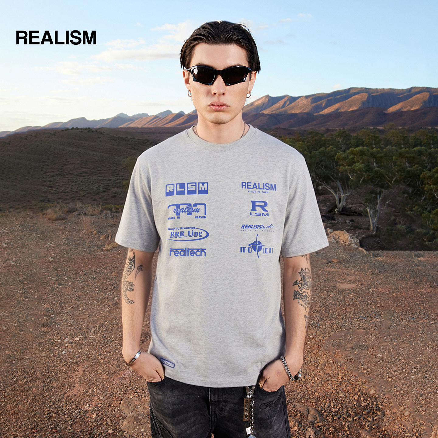 REALISM夏新款东京漂移赛车字母印花重磅纯棉宽松短袖T恤男女花灰