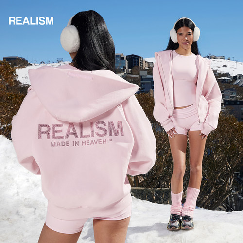 REALISM短款显白拉链连帽卫衣粉