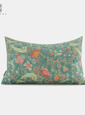 家人与花园高级复古法式绿色红色花朵棉麻抱枕样板间别墅腰枕