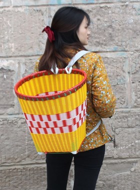 赶集背篓塑料藤编手工民族风买菜大号家用红色背筐篮子儿童背篼舞