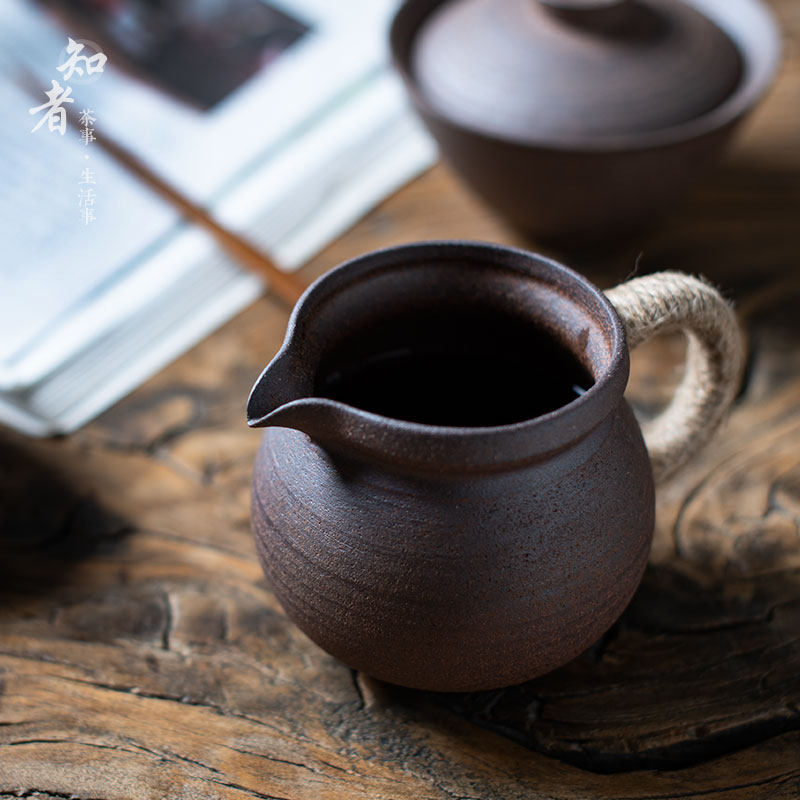 原朴粗陶无釉麻绳把手公道杯 分茶汤断水利索匀杯复古茶道零配