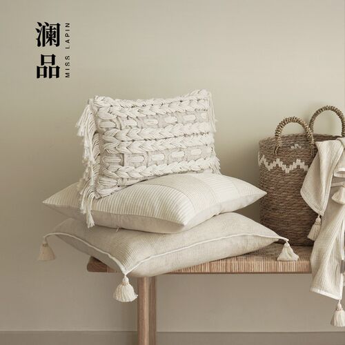 澜品悦栖手工编织棉绳流苏抱枕中古侘寂客厅靠枕沙发靠背腰枕