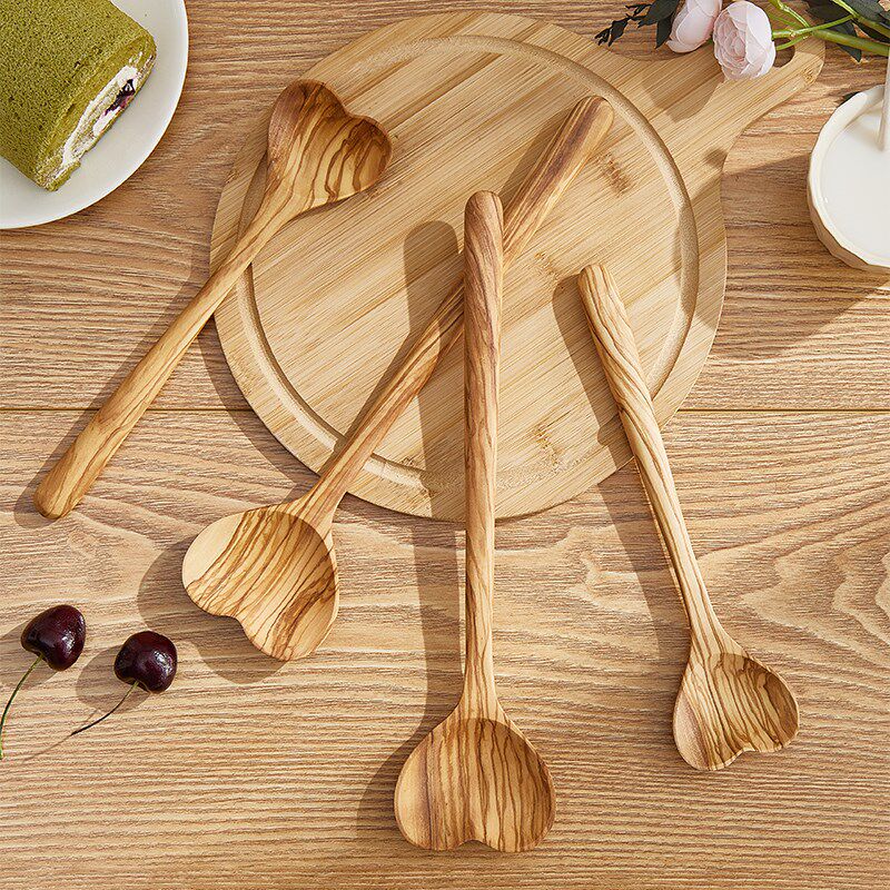 橄榄木整木勺子爱心搅拌勺汤勺家用小汤勺长柄甜品勺粥勺无漆无蜡