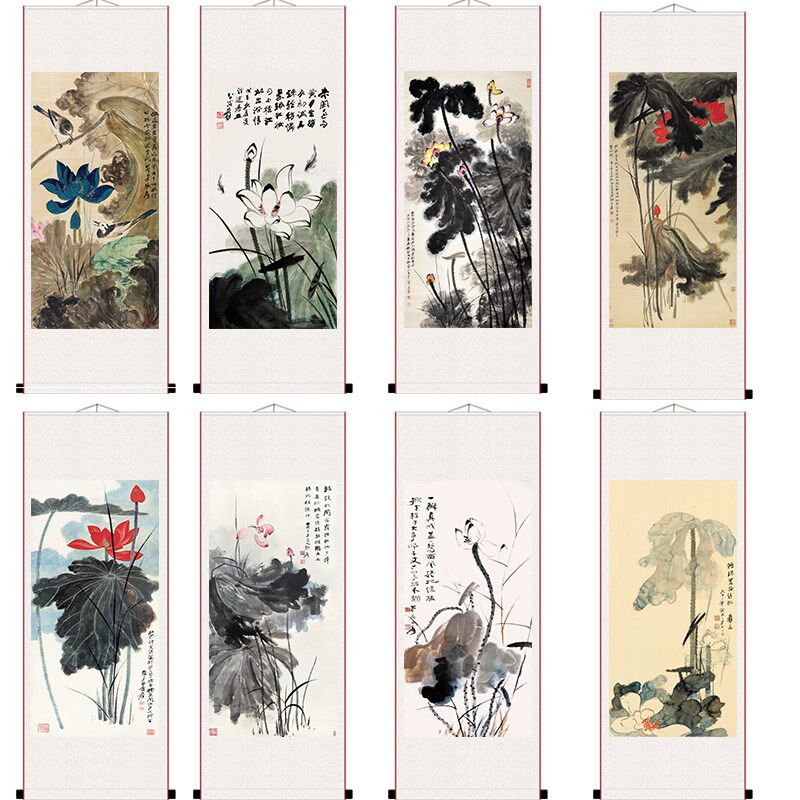 张大千水墨荷花国画名人办公室中式挂画家居装饰画客厅书房卷轴画