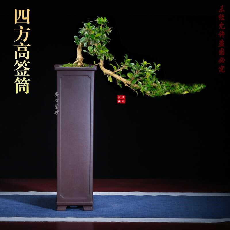 宜兴紫砂四方悬崖千筒老桩古典盆兰花临水松特大精品桌面细高花盆