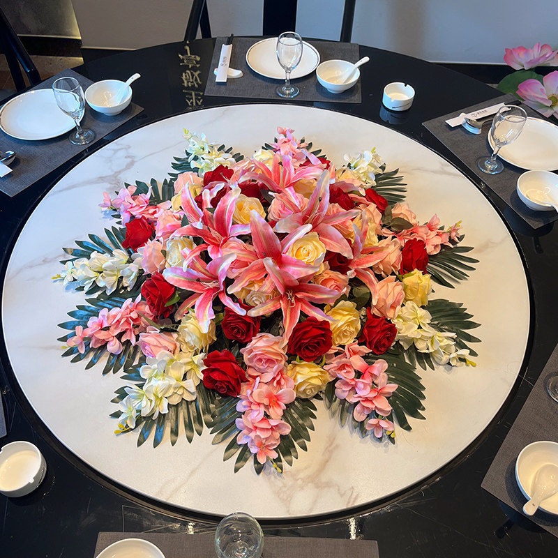 餐桌花酒店圆桌转盘用花摆件装饰假花绢花餐厅大圆桌中间摆放台花