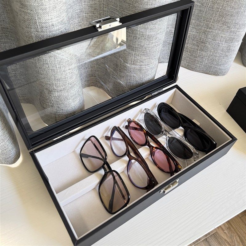 大容量眼镜盒高级黑色PU皮绒布太阳眼镜盒透明玻璃太阳眼镜展示放