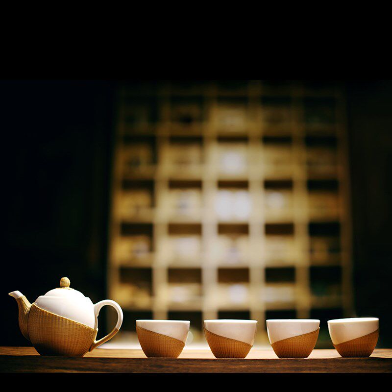 刘氏竹编竹丝扣瓷纯手工美人肩白瓷家用茶具一壶四杯套装特色礼品