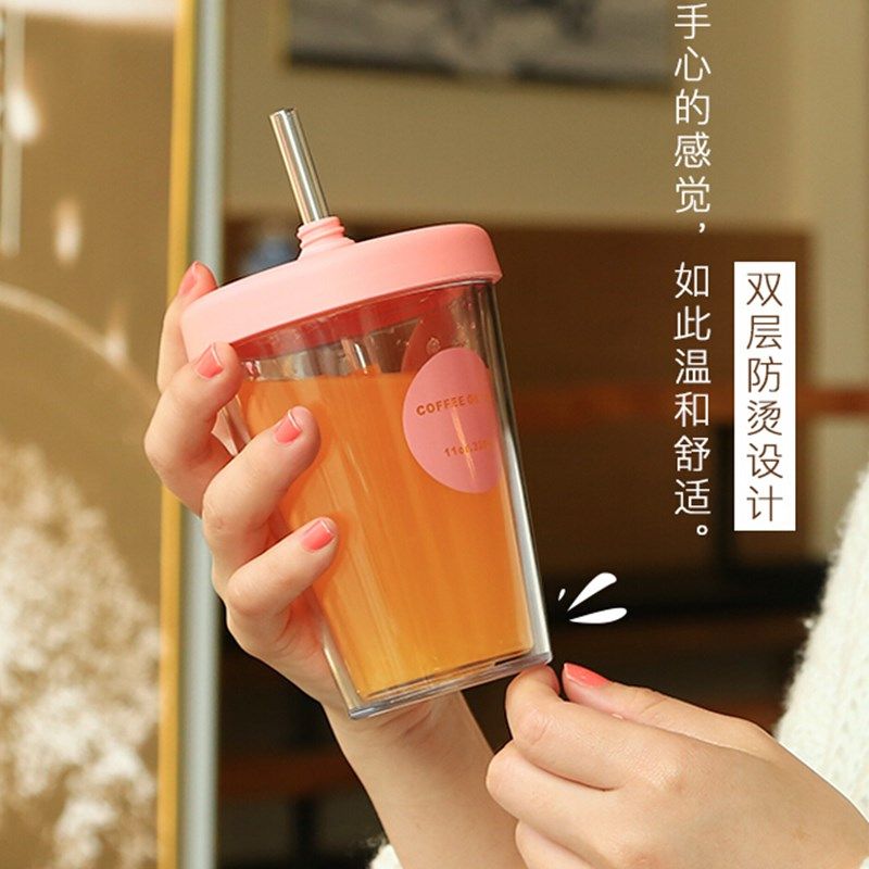 日系大容量果汁杯便携外带儿童牛奶杯双层塑料水杯吸管杯女生夏季