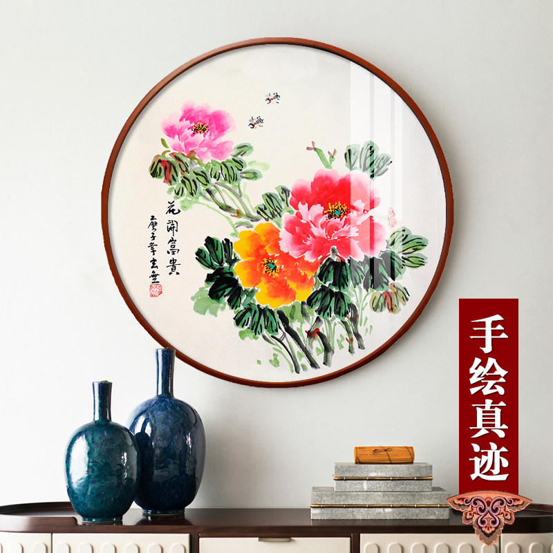 手绘牡丹国画圆形装饰画客厅卧室走道壁画餐厅花鸟玄关电表箱挂画