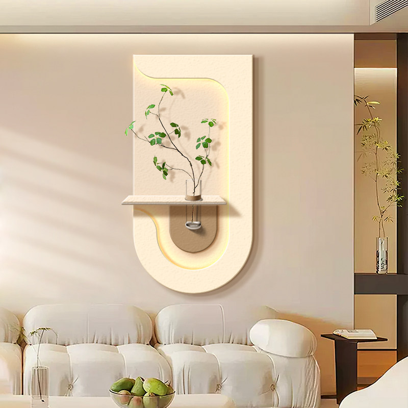 奶油风客厅装饰画绿植高档沙发背景墙挂画砂岩走廊入户玄关壁灯画