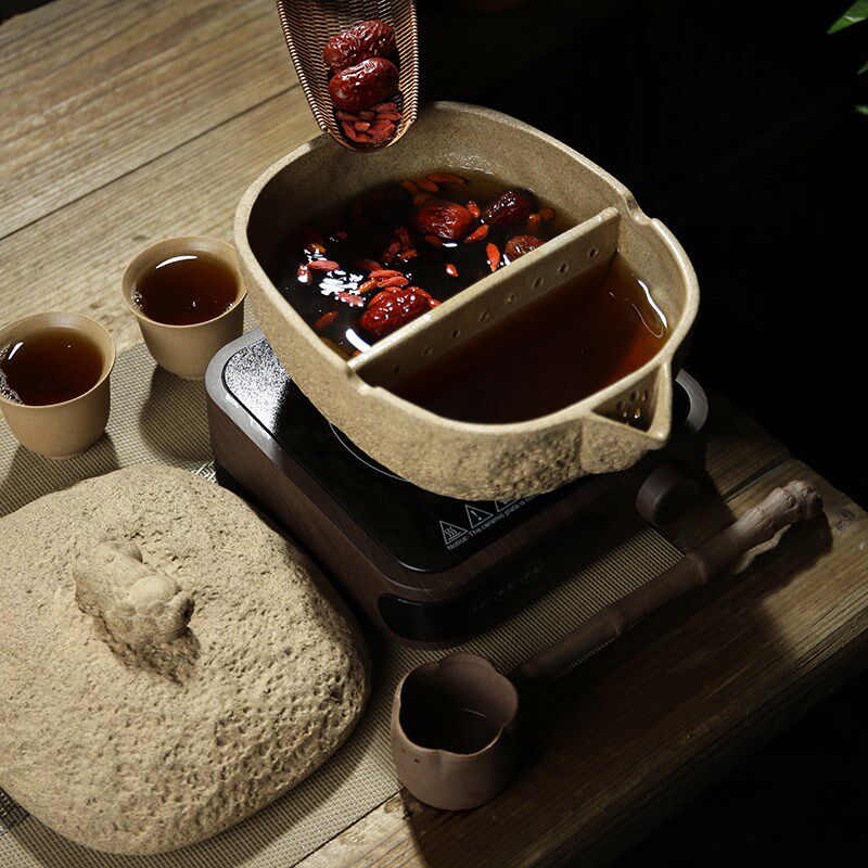 中式古法煮茶器电陶炉泡茶碗茶勺过滤茶渣粗陶大容量合壁罐茶套组