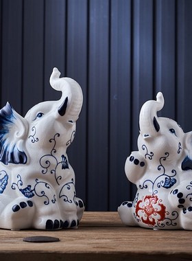 客庄摆件陶动物工艺品礼品摆件家居客厅电视柜装饰品大象瓷陶新中