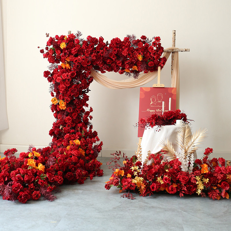 红色舞台布置花艺套装花门花排车展婚庆瀑布型路引花堆拖尾插花