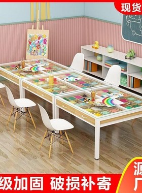 幼儿园美术桌绘画桌小学生培训班桌椅少儿手工设计抽屉桌画室桌子