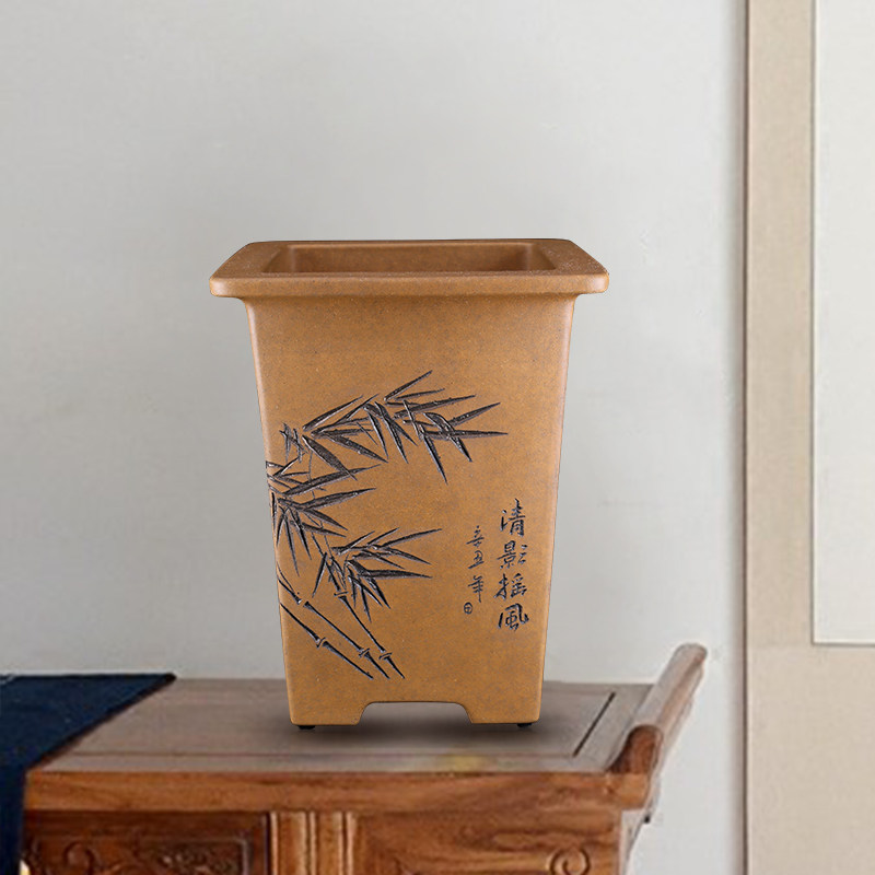 新款精品段泥柴柴烧名家秦夕洪四方宽口飘口签筒紫砂兰花盆景盆