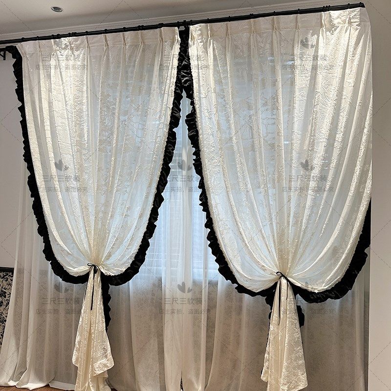 奶油法式中古风阳台客厅纱帘半透黑白色蕾丝荷叶边窗帘隔断衣帽间