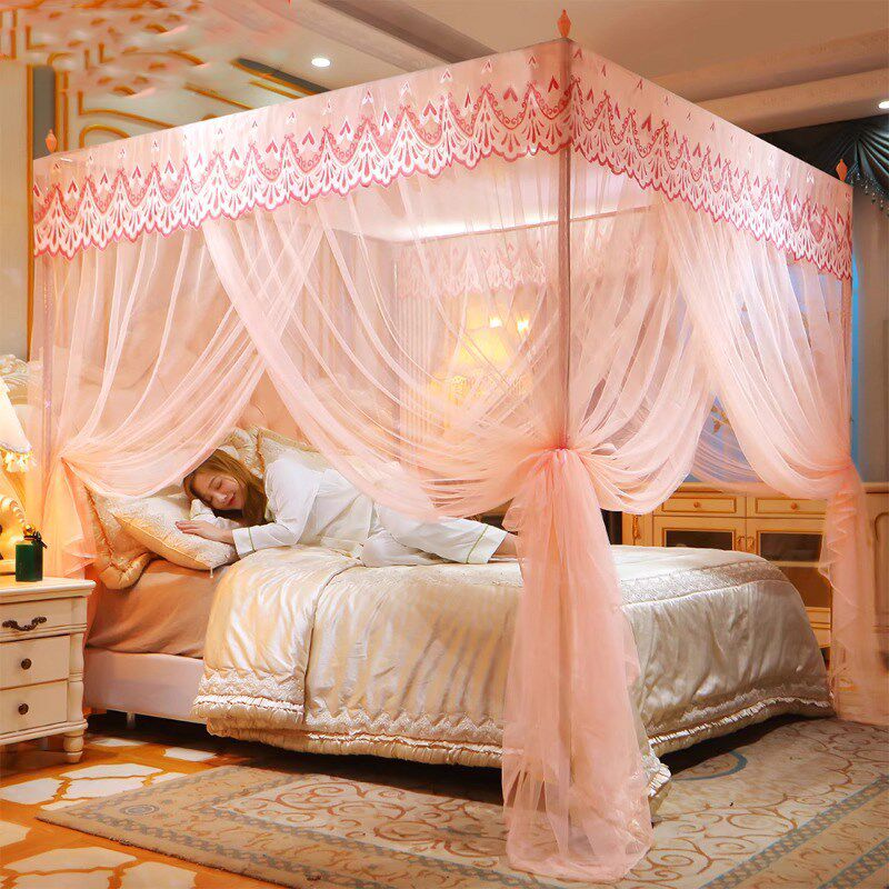 三开门蚊帐带加粗支架加密加厚1.5米1.2米帐纱落地家用宫廷纹帐子