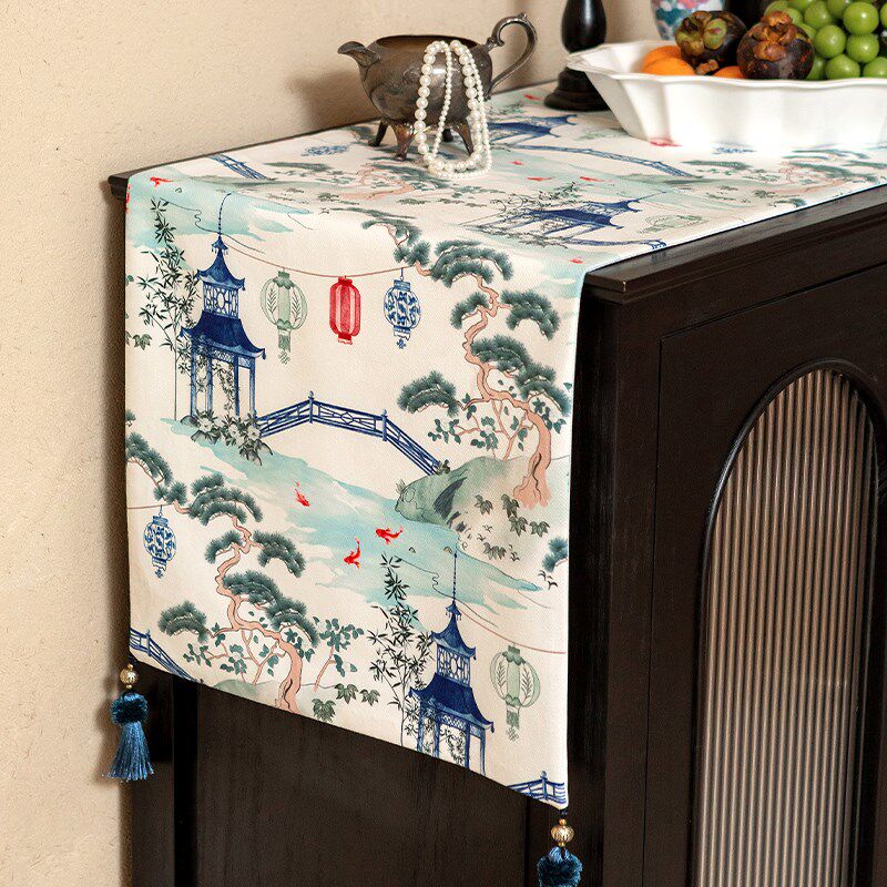 现代中式桌旗茶几台布防水高级感餐桌布艺长方形盖巾斗柜边柜茶旗