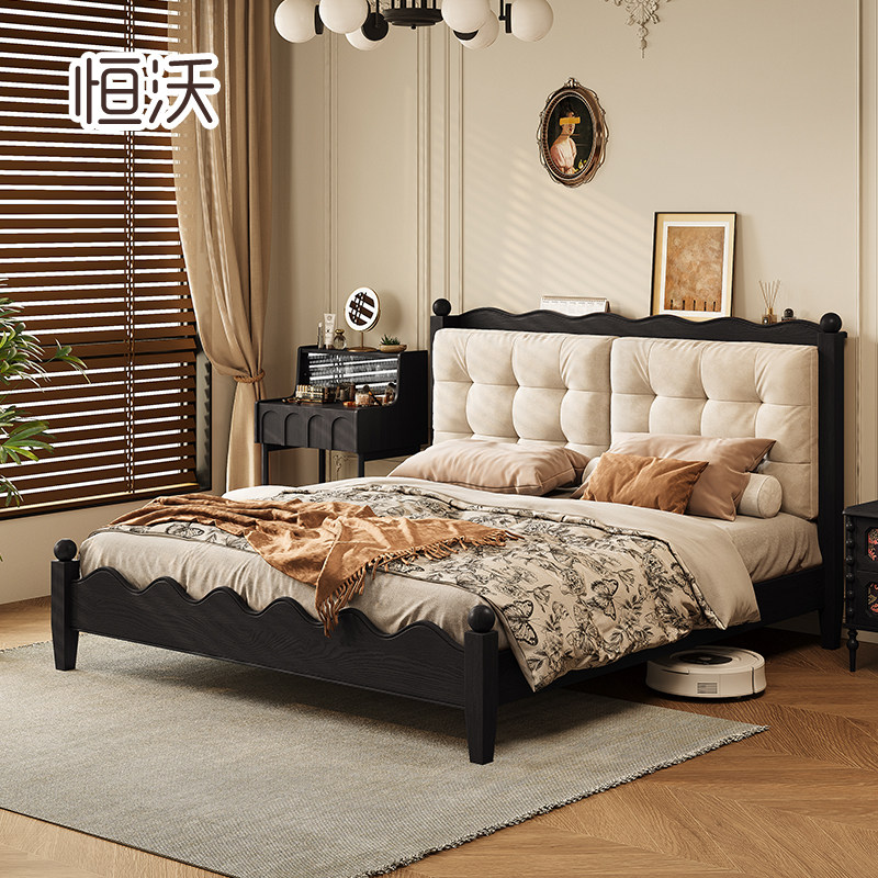 恒沃法式复古实木床小户型卧室双人床可拆洗布艺软包床中古温莎床