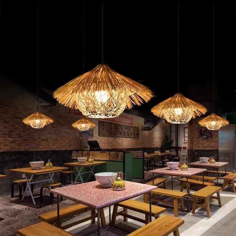 创意草编灯竹艺吊灯茶餐厅饭店火锅民宿复古田园风东南亚草帽吊灯,家装灯饰光源,餐厅吊灯,淘宝优惠券,粉丝福利购,淘宝优惠卷
