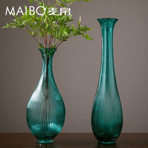 麦帛现代欧式水晶蓝玻璃大花瓶落地客厅酒店高档插花花器琉璃波纹