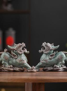 创意哥窑招财貔貅摆件一对家居客厅办公室桌面装饰工艺品乔迁礼品