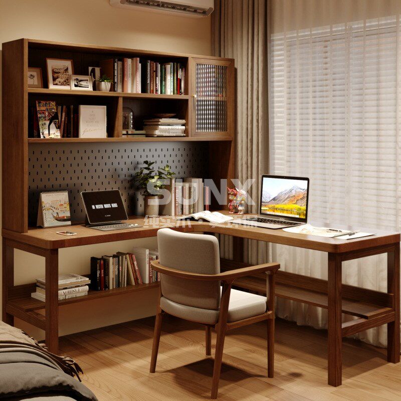 实木转角桌带洞洞板书桌书架书柜组合 角落拐角桌L型学习桌电脑桌,住宅家具,转角桌,淘宝优惠券,粉丝福利购,淘宝优惠卷