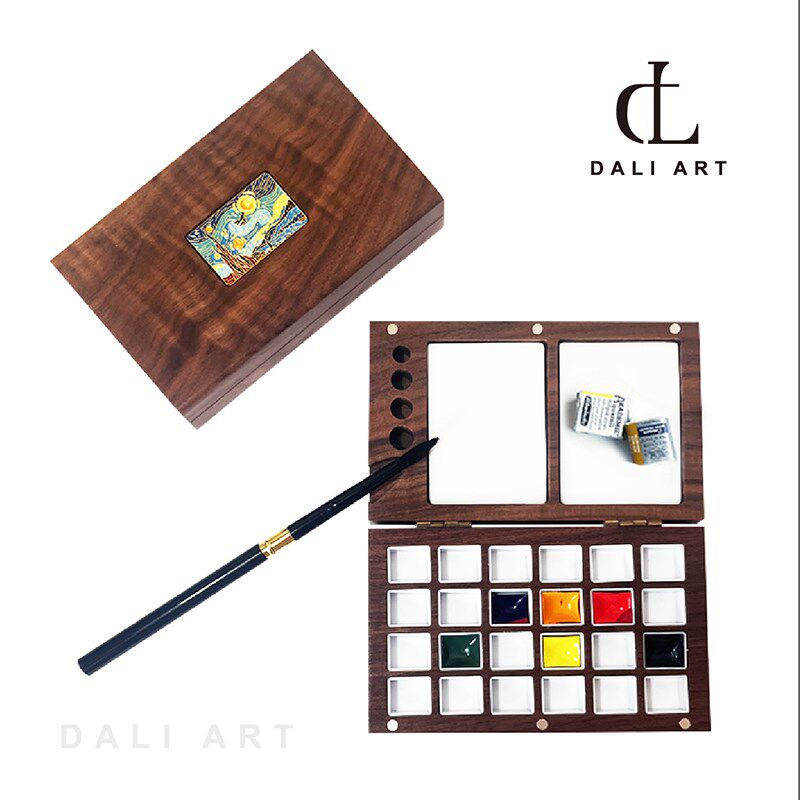 艺术家星空版黑胡桃水彩颜料盒陶瓷调色区24色2毫升 固体水彩盒
