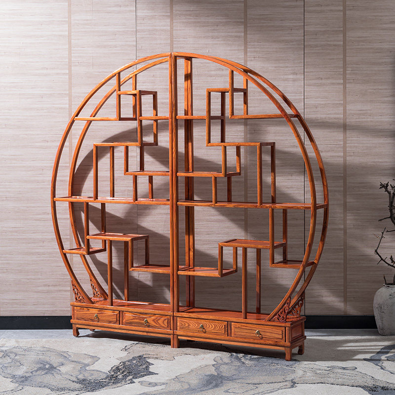 博古架实木中式圆形双半圆茶室茶叶展示柜格子架玄关隔断柜茶叶柜