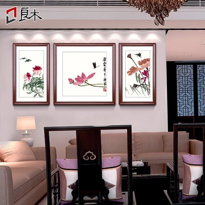 客厅装饰画齐白石中式花卉餐厅卧室三联沙发背景墙挂画和气生财