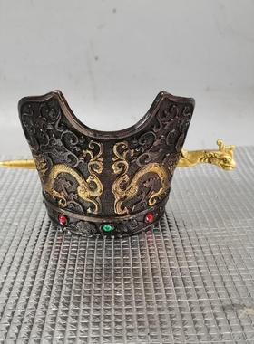 铜器宝石鎏金古代皇帝双龙帝王发冠摆件龙凤发髻老物件