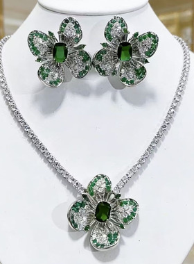 轻奢彩色锆石项链耳环套装