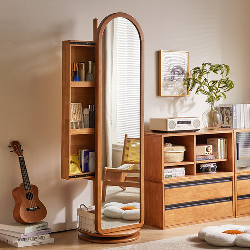 扬远实木全身镜落地镜家用卧室可旋转移动试衣镜挂衣架一体穿衣镜